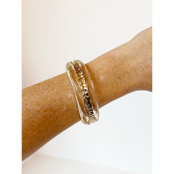 Alexis Bittar Clear Lucite Gold Cuff Bangle Magnetic Bracelet - Picture 12 of 13